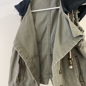 Free People Olive Green Hooded Vest with Fringe